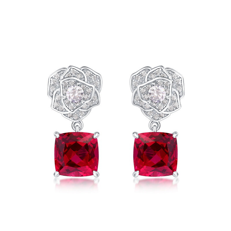 Cross-border new product S925 silver inlay cultivation red treasure earrings simulation rose flower earrings fashion light luxury European and American style