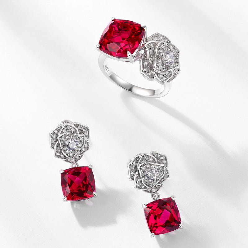 Cross-border new product S925 silver inlay cultivation red treasure earrings simulation rose flower earrings fashion light luxury European and American style