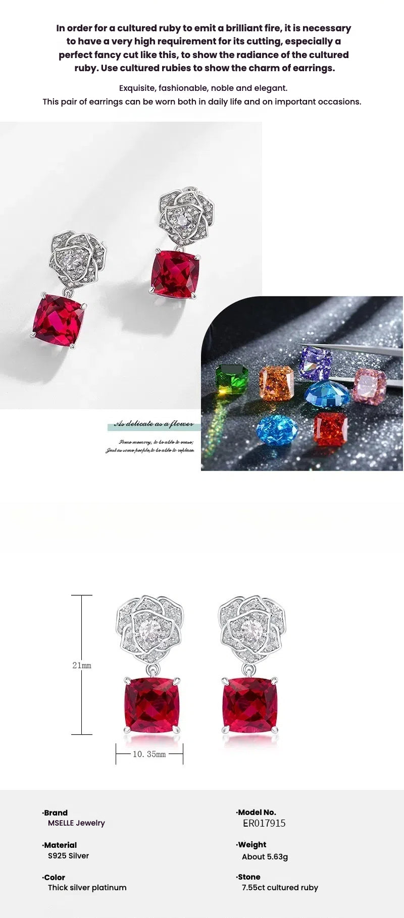 Inlay Ruby Simulation Rose Flower Earrings
