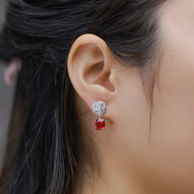 Cross-border new product S925 silver inlay cultivation red treasure earrings simulation rose flower earrings fashion light luxury European and American style