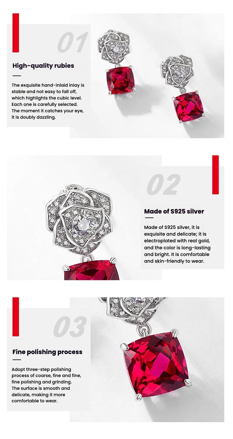 Inlay Ruby Simulation Rose Flower Earrings