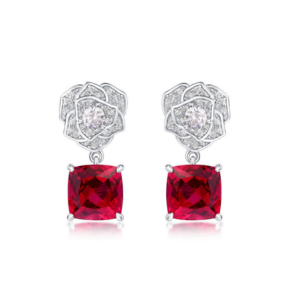 Inlay Ruby Simulation Rose Flower Earrings