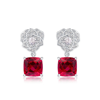 Cross-border new product S925 silver inlay cultivation red treasure earrings simulation rose flower earrings fashion light luxury European and American style
