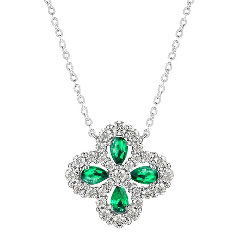 2023 spring cross-border S925 silver cultivation emerald necklace female four-leaf clover retro literary European and American style clavicle chain