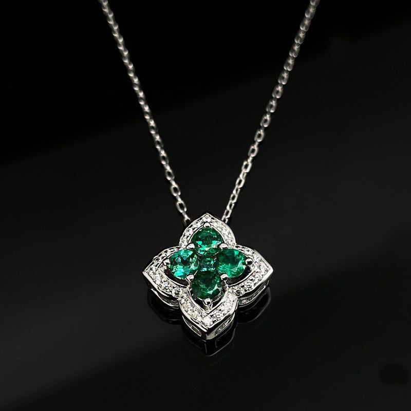 Cross-border Special for Lucky Four-leaf Clover Cultivation Color Treasure Necklace S925 Silver Inlay Cultivation Emerald Clavicle Chain Simple