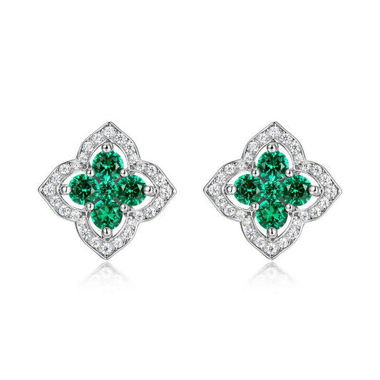 Europe and the United States cross-border new four-leaf clover cultivation emerald earrings female S925 silver cultivation color treasure earrings light luxury vintage