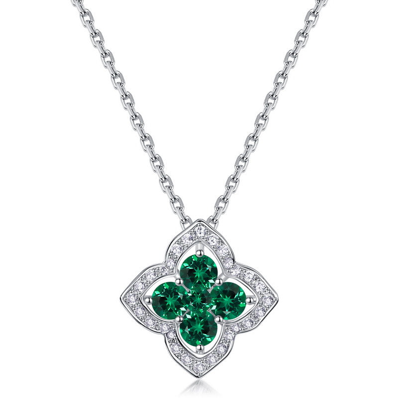 Cross-border Special for Lucky Four-leaf Clover Cultivation Color Treasure Necklace S925 Silver Inlay Cultivation Emerald Clavicle Chain Simple