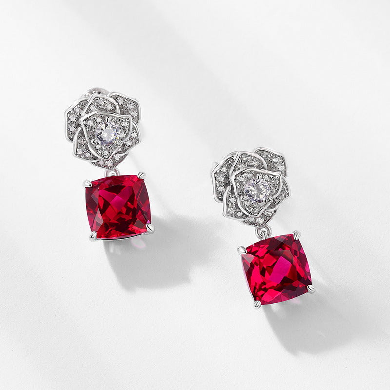 Cross-border new product S925 silver inlay cultivation red treasure earrings simulation rose flower earrings fashion light luxury European and American style