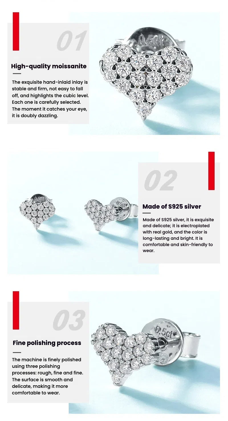 Love Full Inlaid Bright Moissanite Ear Studs