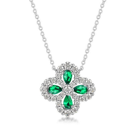 2023 spring cross-border S925 silver cultivation emerald necklace female four-leaf clover retro literary European and American style clavicle chain
