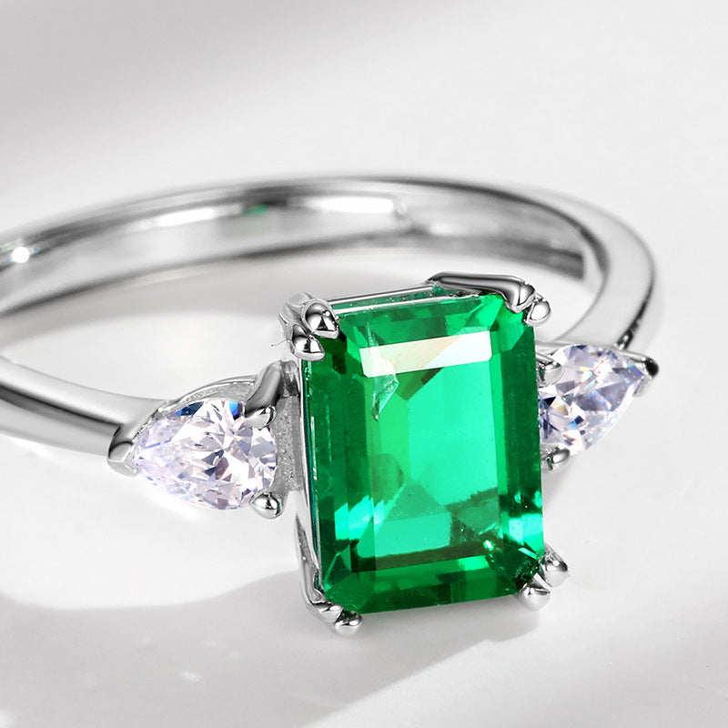 WILSHENG Jewelry New S925 Silver Ring Women's Simple Princess Square Nurturing Emerald Fashion Gem Jewelry