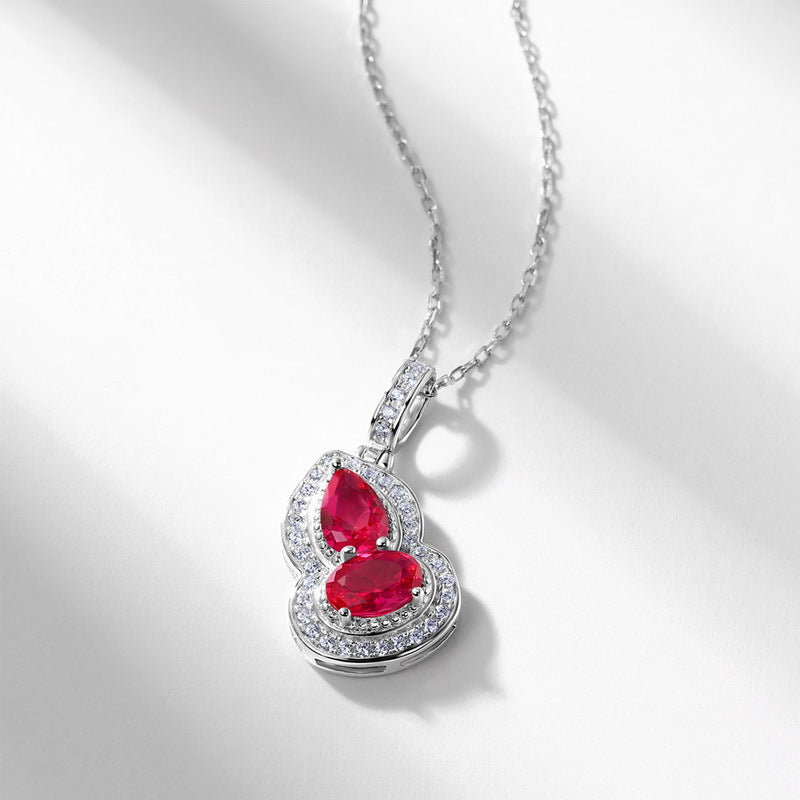 New Chinese Style Cultivated Red Treasure Gourd Necklace Women's S925 Silver Inlay Cultivated Color Treasure Full Diamond Clavicle Chain Light Luxury Fashion