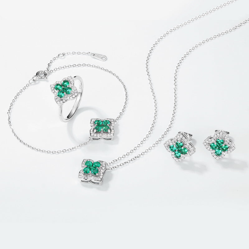 Cross-border New Classic Four-leaf Clover Cultivated Emerald Bracelet Women's S925 Silver Set Cultivated Color Treasure High-end Feeling Bracelet