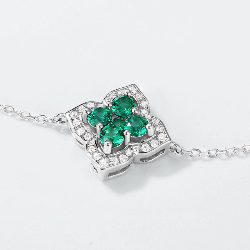 Cross-border New Classic Four-leaf Clover Cultivated Emerald Bracelet Women's S925 Silver Set Cultivated Color Treasure High-end Feeling Bracelet