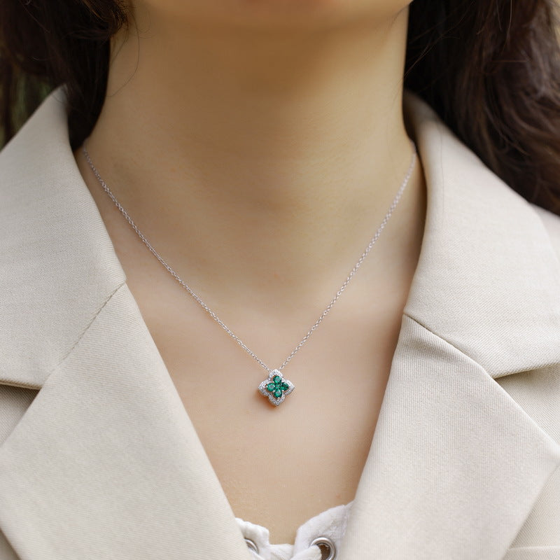 Cross-border Special for Lucky Four-leaf Clover Cultivation Color Treasure Necklace S925 Silver Inlay Cultivation Emerald Clavicle Chain Simple