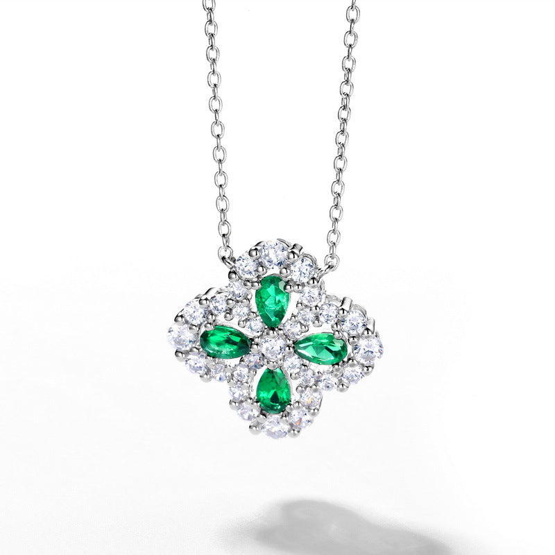 2023 spring cross-border S925 silver cultivation emerald necklace female four-leaf clover retro literary European and American style clavicle chain
