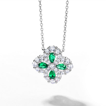 2023 spring cross-border S925 silver cultivation emerald necklace female four-leaf clover retro literary European and American style clavicle chain