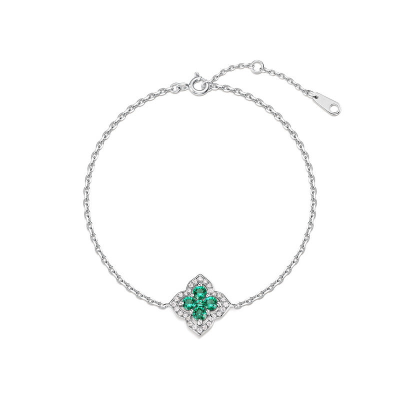 Cross-border New Classic Four-leaf Clover Cultivated Emerald Bracelet Women's S925 Silver Set Cultivated Color Treasure High-end Feeling Bracelet